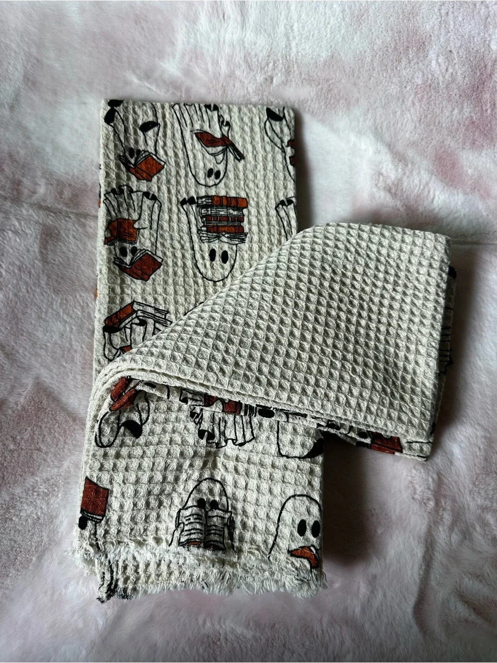 Ghosts Reading Books - Cream Waffle-Knit Kitchen Towel Rachel Zoe NWT